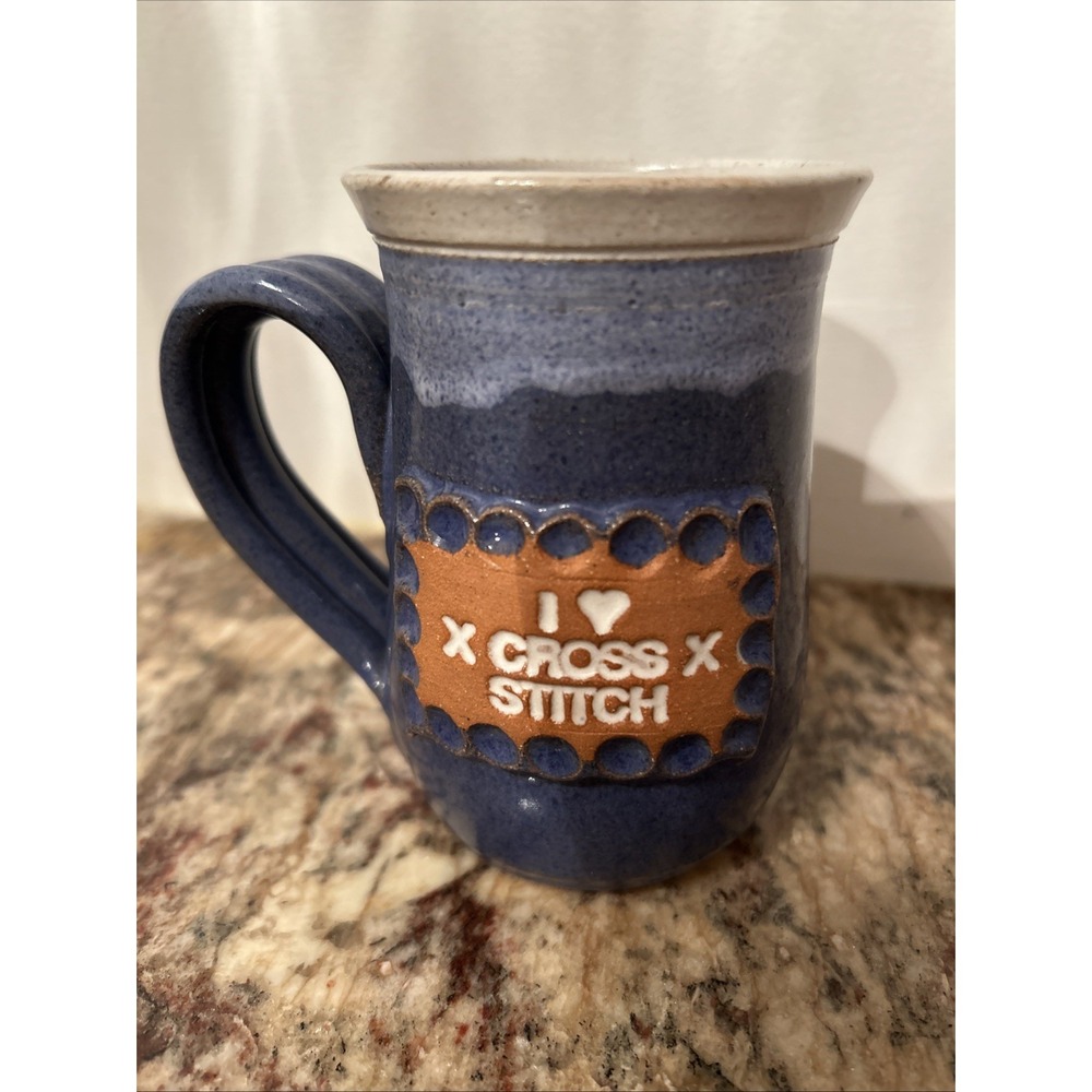 Studio Art Pottery Mug I Love Cross Stitch Studio B Artist Signed Thorne 1991
